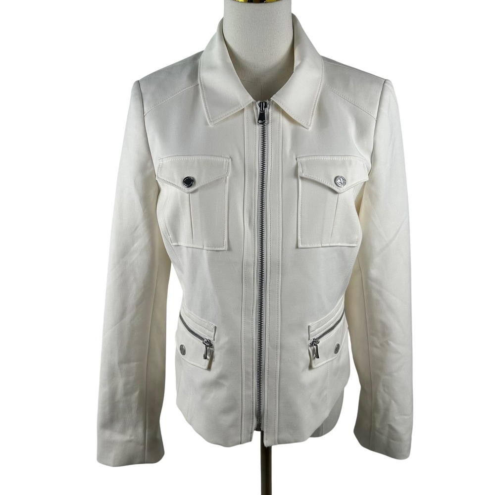 White House Black Market Utility Jacket Women 8 White Military Cargo Zip Up Coat